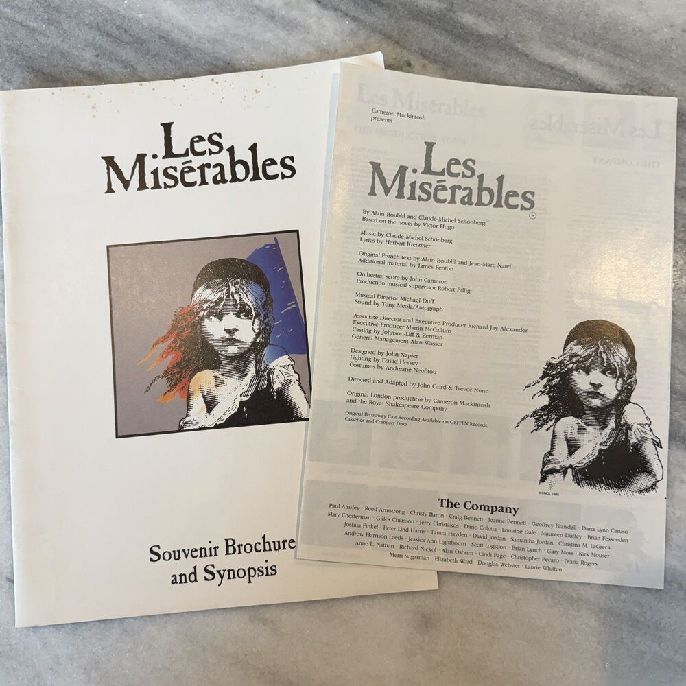 Vtg 1986 Les Miserables Souvenir Brochure and Synopsis w/ Theatre Company Insert